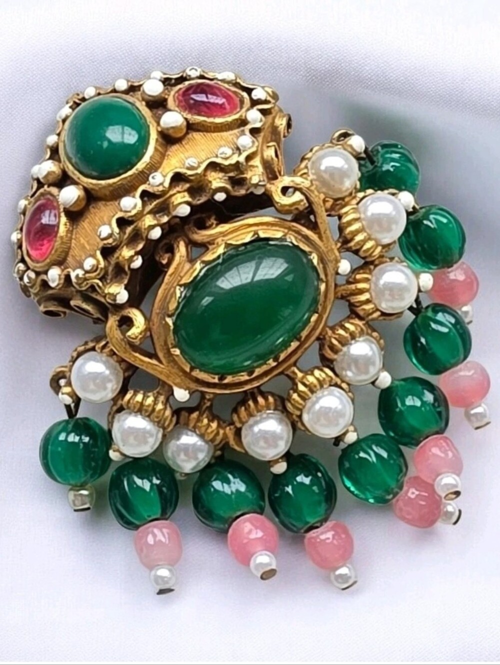 Vtg Signed KJL Jewels of India Mughal Crown Brooch Pendant Green Cabochon Rare
